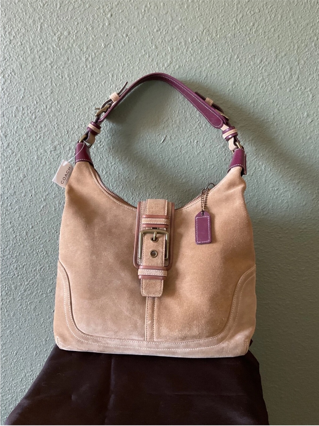 Coach Beige Suede Hobo With Plum Trim